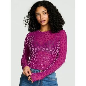 PINK Victoria's Secret Mesh Top Womens XL Magenta Velvet Heart Flocked Coquette